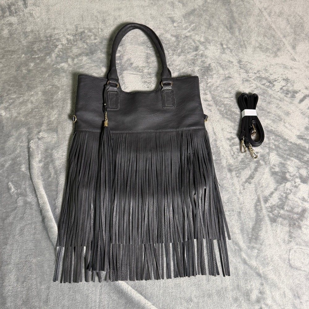Black Fringe Tote Bag Faux Leather Boho Western Crossbody Handbag Large w/Strap